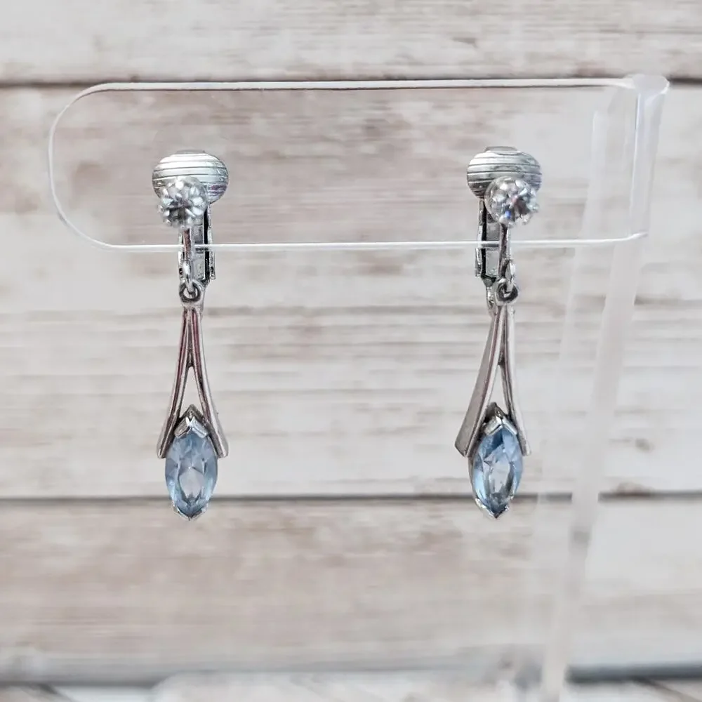 Vintage Avon Clip On Earrings - Silver Tone with Blue Gem Dangle